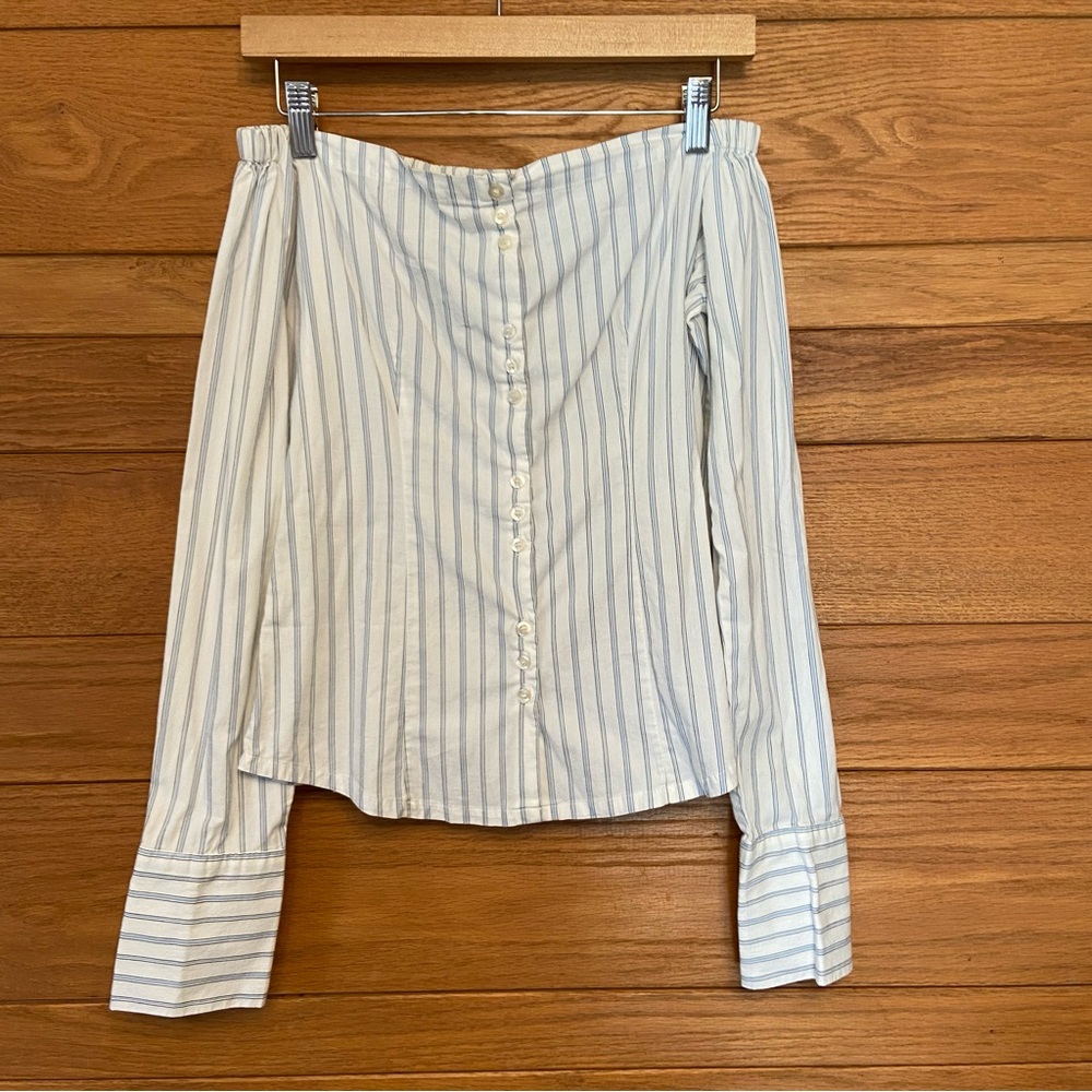 Charlotte Russe Y2K vintage pinstriped blue and white button front off shoulder